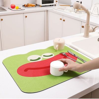 Square Waterproof Anti-Slip Kitchen Dish Draining Mat with Contemporary Cartoon Print
