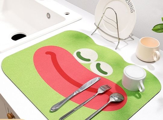 Square Waterproof Anti-Slip Kitchen Dish Draining Mat with Contemporary Cartoon Print